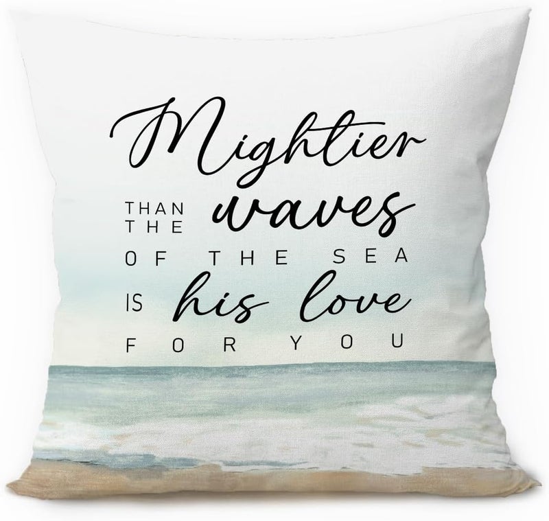 ETVISO Mightier Than The Waves of The Sea Psalm 93:4 Religious Throw Pillow Case 18x18, Inspirational Christian Bible Verses Watercolor Decor for Bedroom Living Room Sofa - Image 1